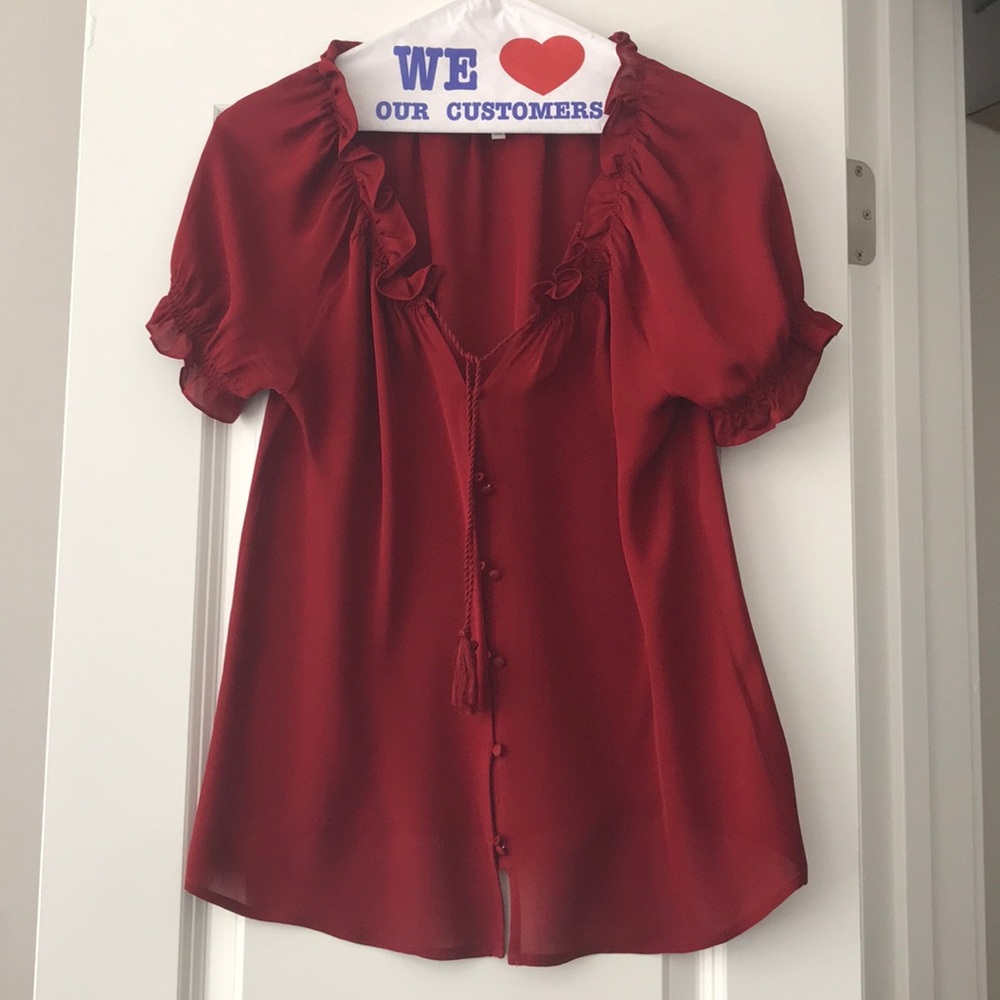 Joie Button-Up Tassel Blouse with Frill Detail